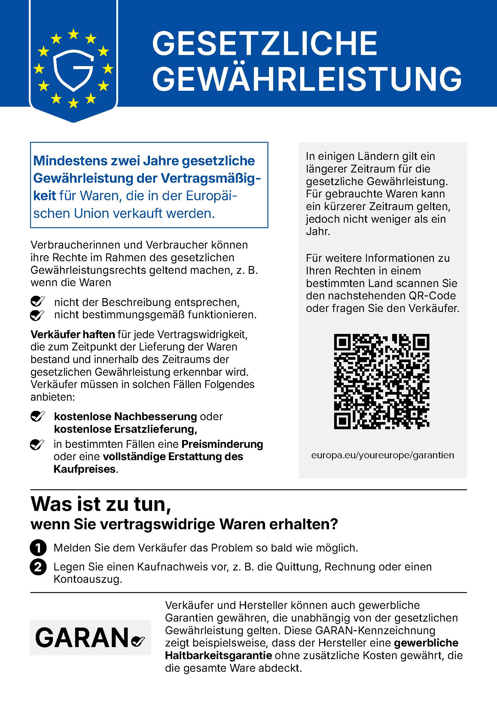 Gesetzliche Garantie — mindestens zweijährige gesetzliche Garantie für Waren, die in der Europäischen Union verkauft werden